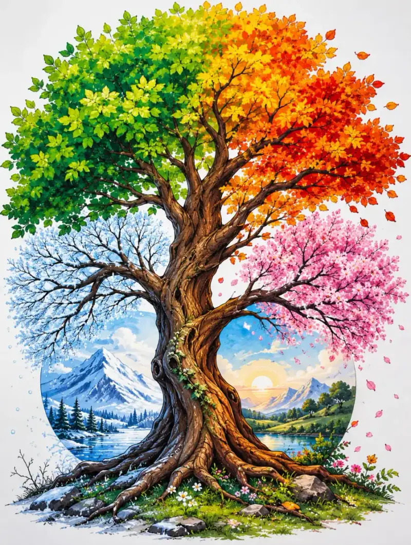 Tree drawing with color showing layered green foliage and warm brown trunk
