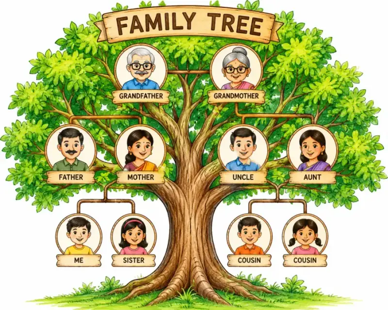 Drawing family tree diagram with labeled branches for relatives