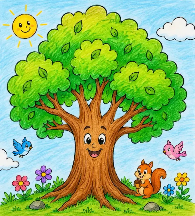 Tree drawing for kids with large simple shapes and cheerful colors