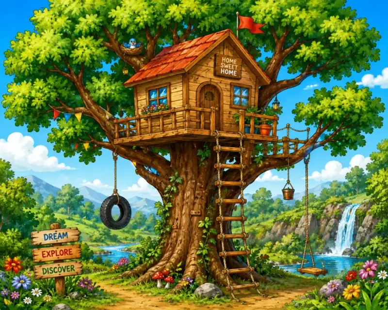 Tree house drawing with a wooden cabin nestled in strong branches
