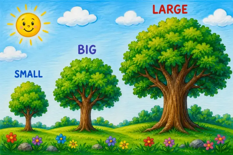 Big small and large tree drawings shown side by side for scale practice