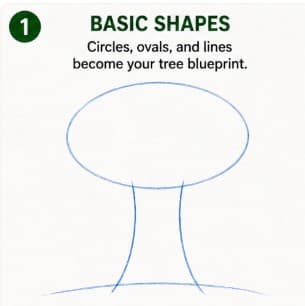 Basic shapes stage: circle canopy and rectangle trunk outlines