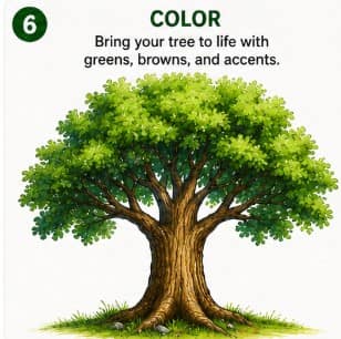 Color stage: finished tree with green leaves and brown trunk colored in