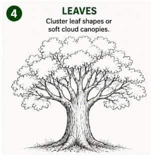 Leaves stage: tree with leafy clusters being added to branches