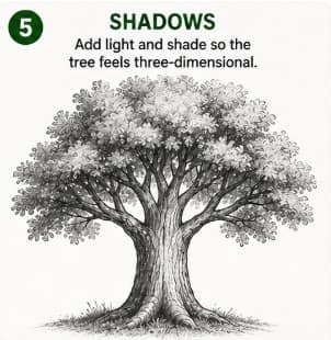 Shadows stage: tree drawing with shading on trunk and canopy