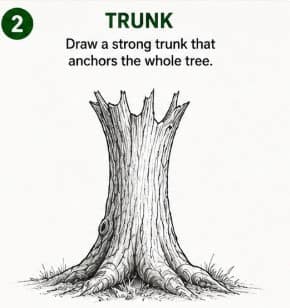 Trunk stage: thick tree trunk in progress without full canopy